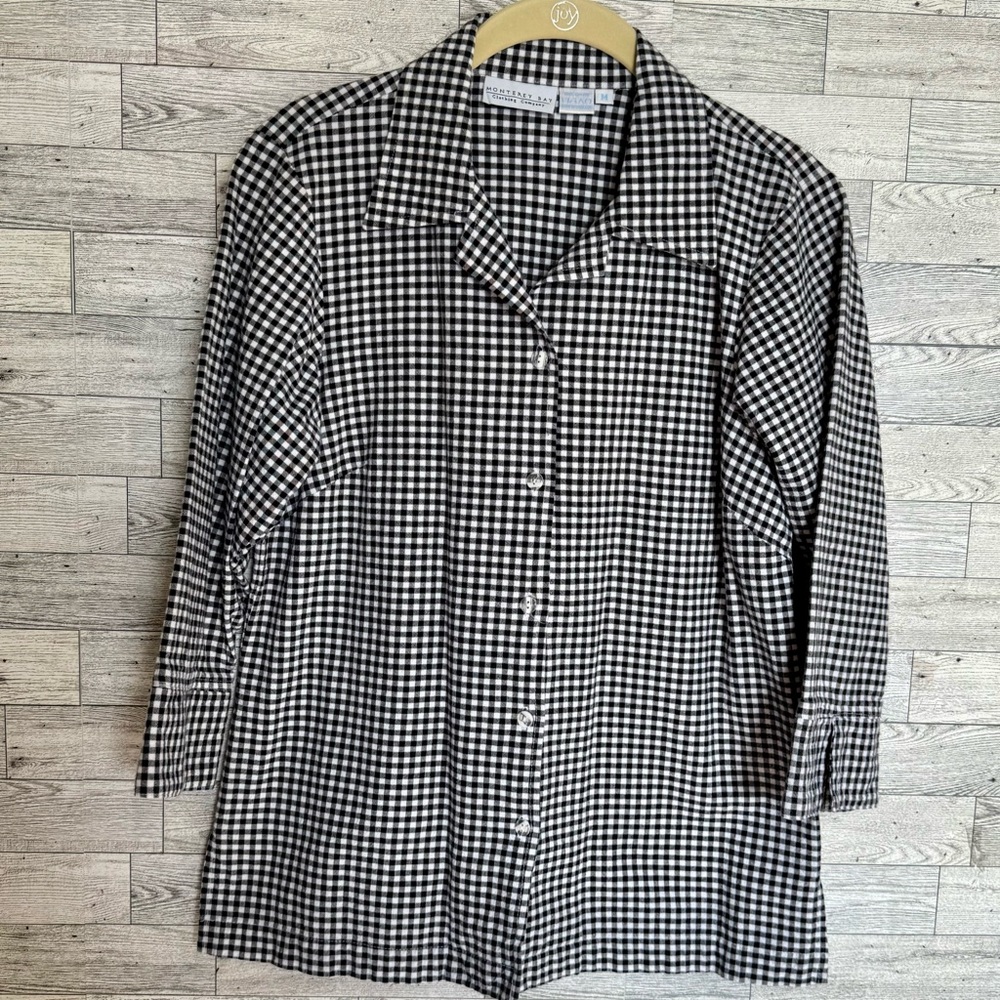 Monterey Bay Black & White Plaid Button Up Shirt 3/4 Sleeves Notched Sz-Medium